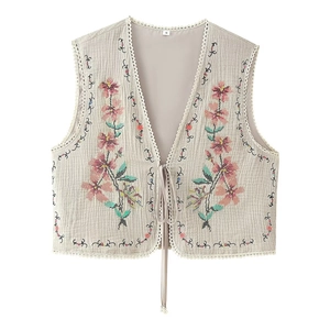 Beige cotton vest with floral embroidery and white lace trim for women