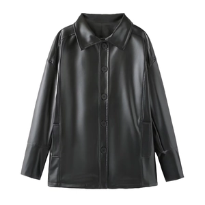 Oversized black faux leather shirt jacket with classic collar and button closure