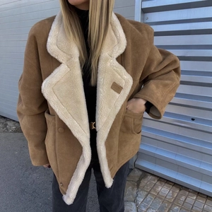 Brown faux suede jacket with white faux shearling collar and lining for women
