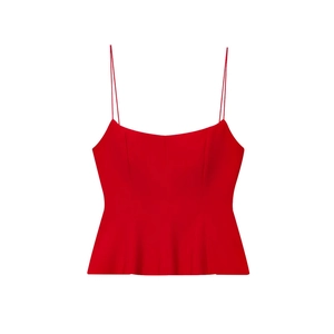 Chic red peplum camisole top with thin straps and a flared hem for summer styling