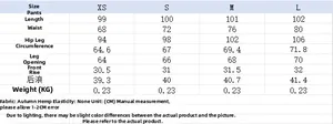 Size chart for women floral print trousers showing waist, hip, and length in CM units