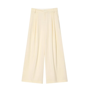 Pantalon large crème à taille haute avec détails plissés et coupe droite fluide