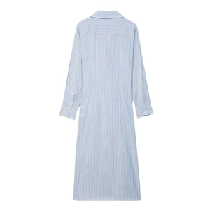 Back view of light blue striped long sleeve shirt dress with a waist-cinching cut