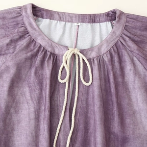 Purple linen tie-dye tunic dress featuring a drawstring neckline with pleated details