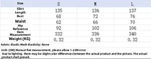 Detailed size chart for women mesh print long dress with measurements in S, M, L