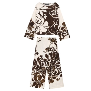 Women's Vintage Floral Print Long Sleeve Top And Wide Leg Pants Set Casual Retro Western Style Polyester Two Piece Outfit