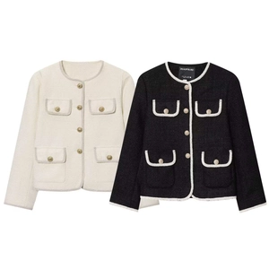Women Elegant Tweed Jacket Round Neck Contrast Braided Trim Short Outerwear Lion Metal Buttons Casual Social Office Coat