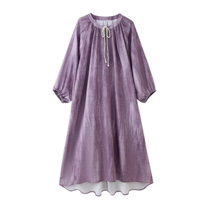 Mauve tie-dye linen long-sleeved dress with drawstring neckline and high-low hem design