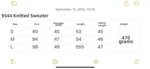 Detailed size chart for women off-shoulder knit sweater showing chest and sleeve measurements