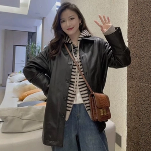 Women Faux Leather Shirt Jacket Oversized Lapel Single Breasted Solid Color Streetwear Outwear Fashion PU Leather Coat