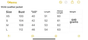 Detailed size chart for women's long sleeve faux leather jacket including XS to L measurements
