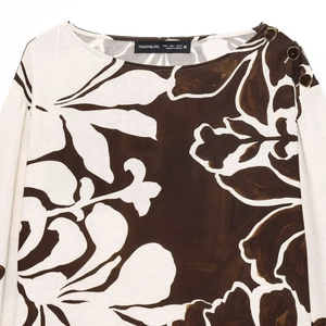 Floral print long sleeve off-the-shoulder blouse with decorative shoulder buttons
