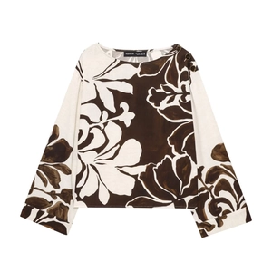 Women's floral print long sleeve top with brown abstract leaf patterns and button detail