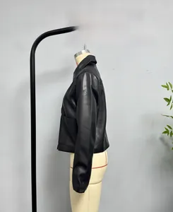 Side view of black cropped leather jacket featuring notch lapels and matte finish texture