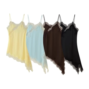 Women's Elegant Satin Camisole Dress Lace Patchwork Asymmetric Hem Midi Slip Dress V Neck Sleeveless Party Evening Clubwear