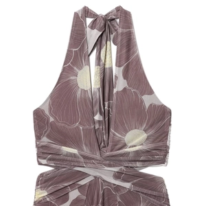 Halter neck mesh maxi dress with vintage floral print and deep V-neck cross waist
