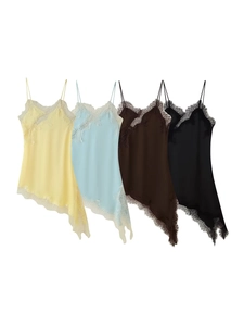 Detail of silk camisole tops with eyelash lace trim and asymmetric hems in four colors
