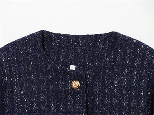Detail of dark blue tweed jacket showing gold sequins and decorative metal button
