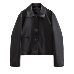 Women Casual Black Faux Leather Jacket Fashion Cropped Outerwear With Lapel Long Sleeve Button Up Streetwear Moto Coat