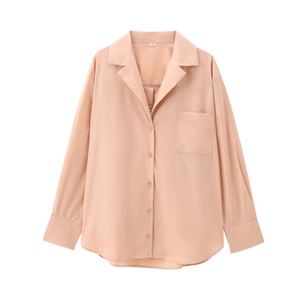 Women's classic light orange long sleeve poplin shirt with front pocket and button-down collar