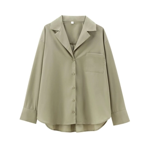 Sage green long sleeve poplin shirt with front pocket and curved hem for women
