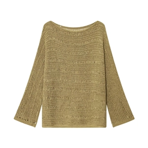 Detailed view of the olive green open-knit texture and boat neck of the knit sweater