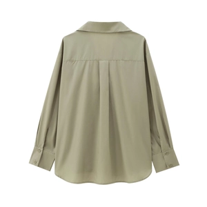 Olive green long-sleeve poplin shirt with lapel collar and inverted pleat back detail