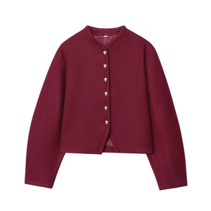 Minimalist burgundy round neck cropped jacket for women featuring elegant silver buttons