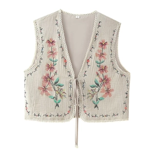Women Vintage Floral Embroidered Vest Lace Trim Tie-Front Boho Waistcoat Cream Sleeveless Top Ethnic Style Summer Clothes