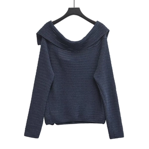 Navy blue knit off-the-shoulder cardigan with wide lapels and ribbed texture finish