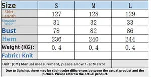 Detailed size chart for women's knit maxi dress including S, M, L measurements in CM