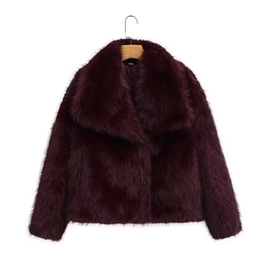 Short faux fur coat for women in deep burgundy with a wide lapel collar design