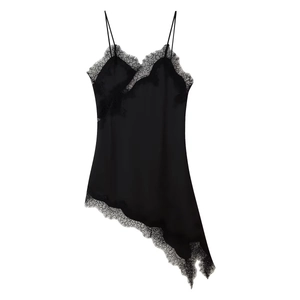 Elegant black satin slip dress with floral lace V-neckline and asymmetrical hemline