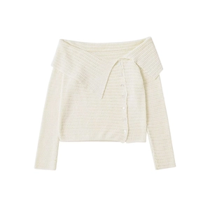 Off-shoulder off-white knit cardigan with lapel collar and diagonal button closure