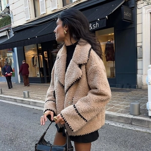 Women's Sherpa Teddy Fleece Jacket Contrasting Wavy Trim Large Lapel Loose Casual Warm Autumn Winter Outwear Khaki Coat