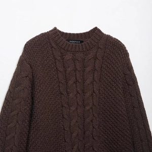 Women's vintage cable knit sweater in dark brown featuring round neck and chunky sleeves
