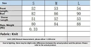 Size chart showing S, M, L dimensions for the contrast embroidery knitted cardigan set