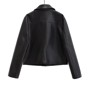 Chic black cropped faux leather jacket with modern stitching details for women