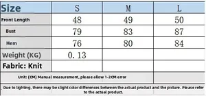 Size chart for knit vest and cardigan set with measurements for bust and length in cm