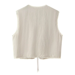 Beige cotton floral embroidery vest with crochet lace trim and pearl charms on ties