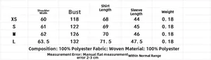 Size guide table for loose woven shirt showing bust and length measurements in centimeters