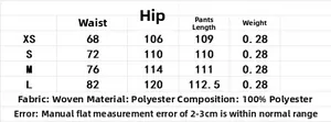 Size guide for high-waisted loose trousers featuring measurements for XS to L sizes
