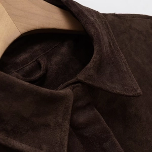 Deep brown faux suede shirt jacket featuring a classic collar and smooth velvet texture