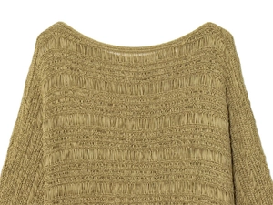 Close-up of khaki open-work knit sweater showing intricate crochet mesh texture details