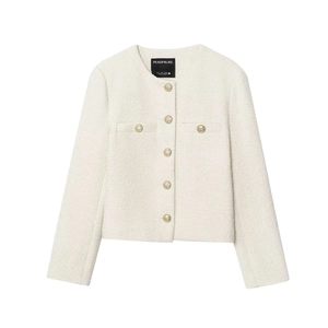 White French-style bouclé tweed jacket with decorative gold metal buttons for women