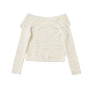 Elegant off-the-shoulder cream knit cardigan sweater with long sleeves and large lapels
