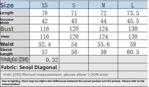Detailed size chart for women's long sleeve shirt and wide leg pants set with measurements