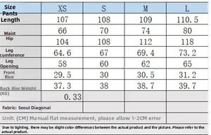Detailed size guide table for loose wide leg trousers showing XS to L measurements
