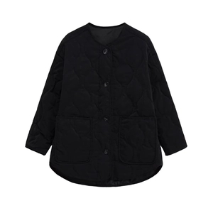 Women's black onion-quilted jacket with round neck and large pockets in flat lay view