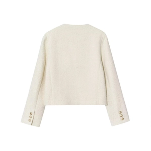Elegant off-white tweed jacket for women featuring gold buttons and a classic chic silhouette